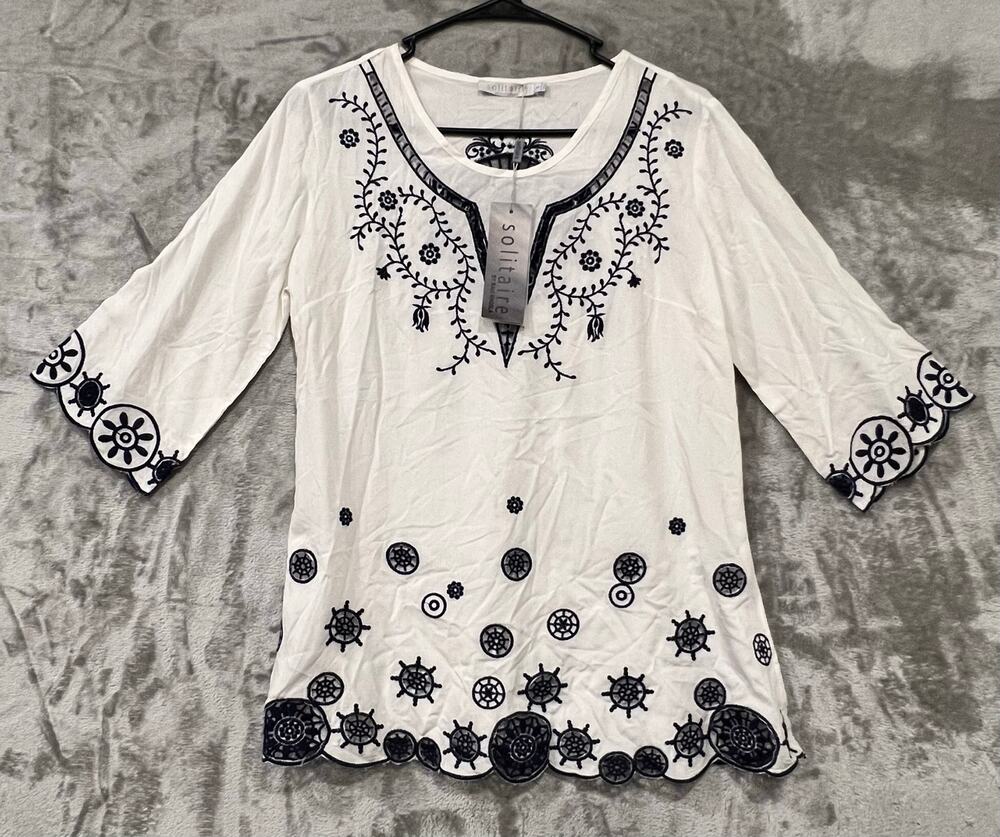 Solitaire Women’s Embroidered Tunic Top NWT Boho Peasant Blouse Cut Out Designs